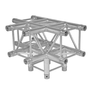Silver metal truss structure with multiple intersecting cylindrical bars and triangular supports, forming a geometric, cube-like framework; commonly used in stage or event construction for lighting and audio setups.