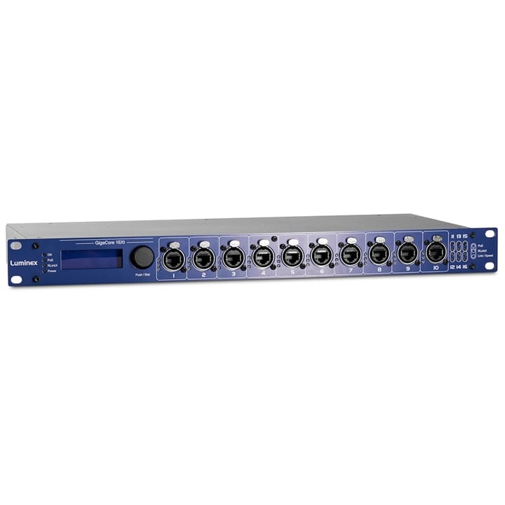 A rack-mounted Luminex GigaCore 16XT network switch with a blue front panel, multiple Ethernet ports, display screen, control knob, and status LEDs, designed for professional AV networking including video, audio, and lighting control.