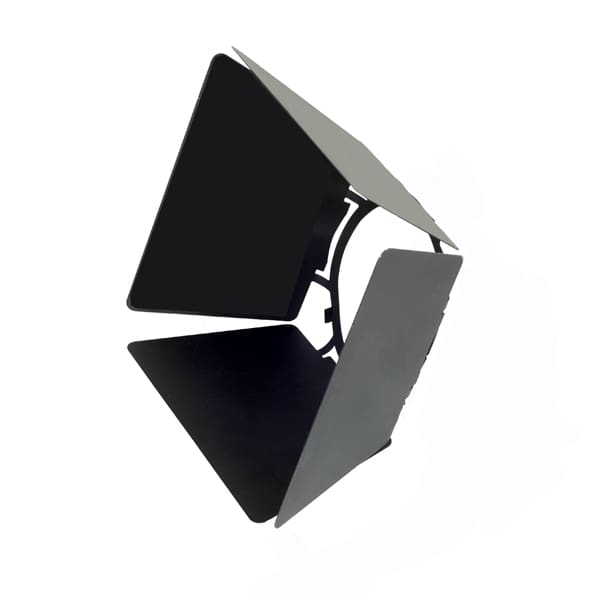 A black metal barn door light modifier with four adjustable flaps, used to control the direction and shape of lighting in photography or video production.
