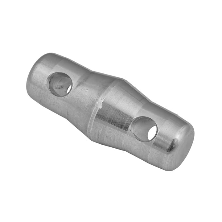 A metallic, cylindrical audio connector with two large holes on opposite sides, slightly tapered in the middle, and featuring a smooth, shiny surface.