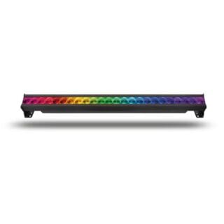 A horizontal LED lighting bar displays a vivid rainbow gradient, transitioning smoothly from red on the left to violet on the right, housed in a black rectangular frame with mounting brackets on each end.