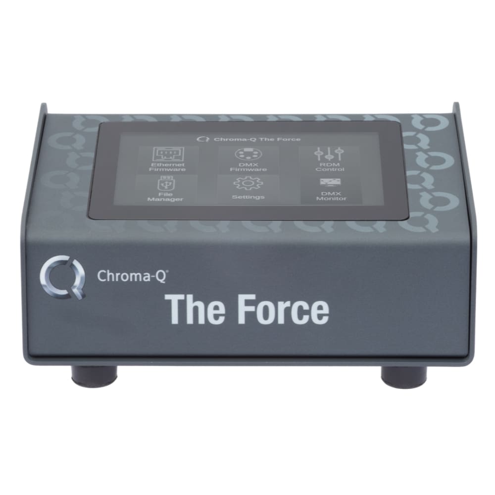 A Chroma-Q The Force lighting control device featuring a touchscreen display with various settings icons, enclosed in a dark gray rectangular case with the Chroma-Q logo and The Force text on the front.