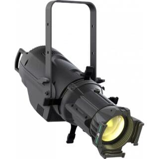 A black stage spotlight with a yellow light, mounted on a metal bracket, designed for professional theatrical, video, or event lighting.