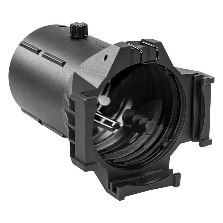 A black cylindrical stage lighting fixture with an open front and mounting brackets, viewed at an angle showing its inner lens and adjustment knob on top—perfect for professional lighting setups in audio or video productions.