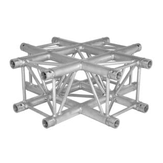 A silver aluminum truss junction featuring multiple interconnected cylindrical bars and diagonal supports, forming a geometric, three-dimensional structure ideal for mounting video and lighting equipment.