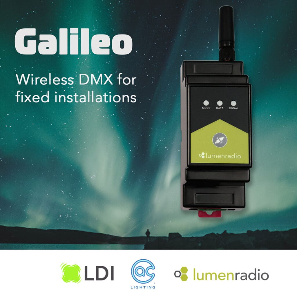 A wireless DMX device labeled Galileo by LumenRadio is shown against a backdrop of the northern lights. Below are the LDI, AC Lighting, and LumenRadio logos. Text reads: Wireless DMX for fixed lighting installations in audio and video setups.