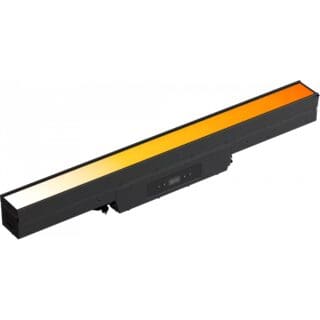 A rectangular LED wall washer lighting fixture with a gradient color display from white to orange, housed in a black casing with controls on the side.