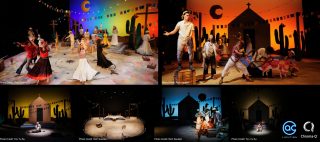 Six theater scenes set in a colorful desert landscape with cacti, a church, and dancers in festive costumes. The lighting shifts from day to night across different lively performances.