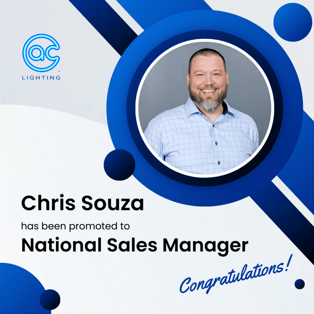 Smiling man with a beard in a light blue checked shirt inside a circular frame, surrounded by blue graphic elements. Text: Chris Souza has been promoted to National Sales Manager for lighting and video. Congratulations! AC Lighting logo.