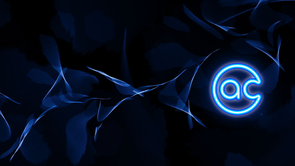 A glowing blue neon at symbol (@) on a dark background with abstract, flowing blue light shapes and dynamic lighting effects scattered throughout the image.