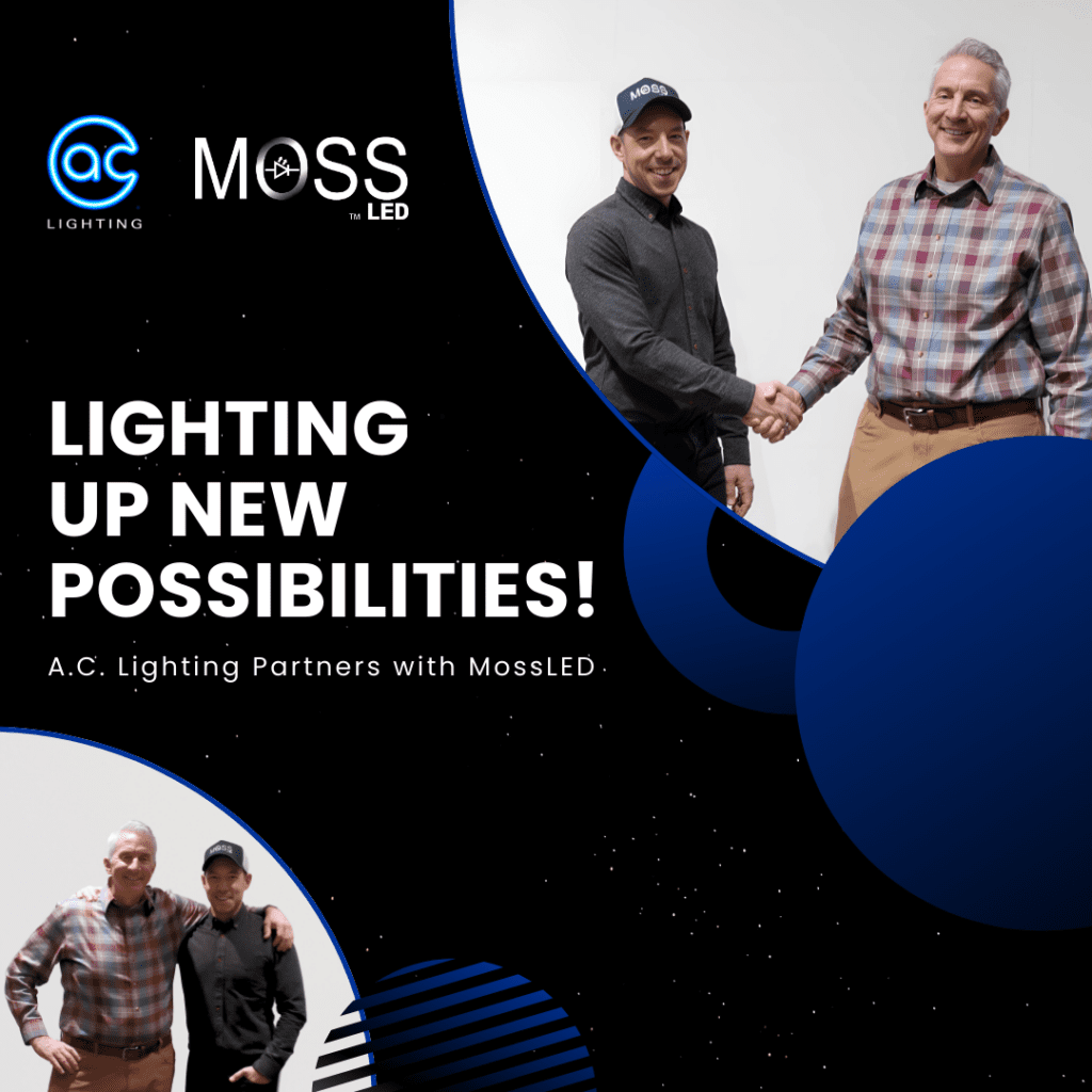 Two men shake hands and smile, celebrating a partnership between A.C. Lighting and MossLED. Logos and the text Lighting Up New Possibilities! appear on a dark, space-themed background with hints of video, audio, and lighting innovation.