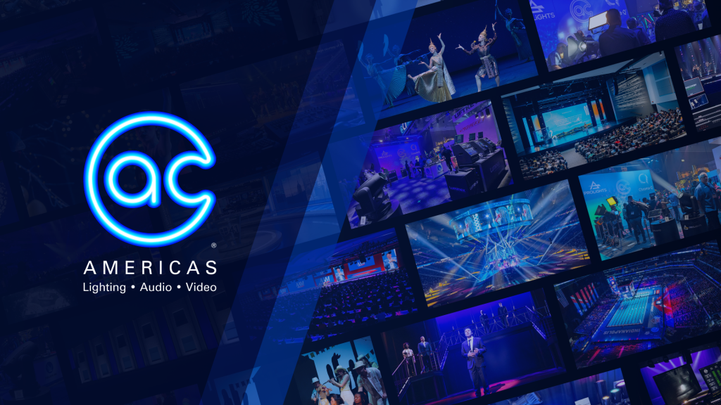 A blue neon “ac” logo with “Americas Lighting • Audio • Video” on the left, and multiple images of live events, concerts, and conferences with vibrant lighting and large audiences on the right.