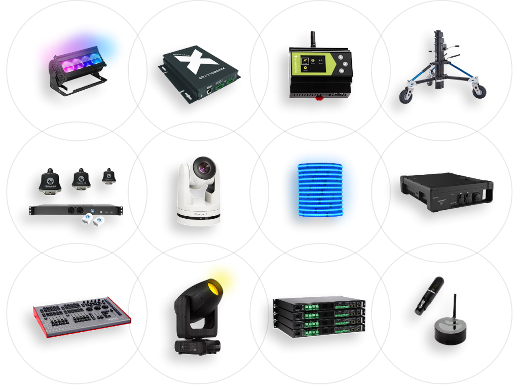 A grid of 14 studio and stage equipment items, including lighting fixtures, cameras, mixers, controllers, antennas, a microphone, and various electronic devices, each on a white circular background.