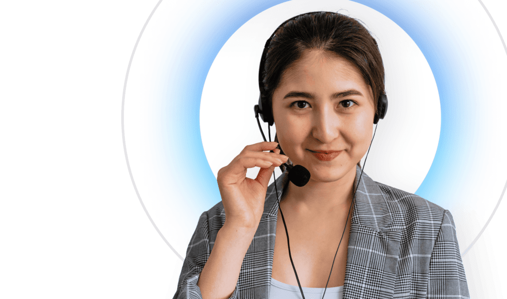 Illustration including a friendly-looking woman wearing a telephone headset