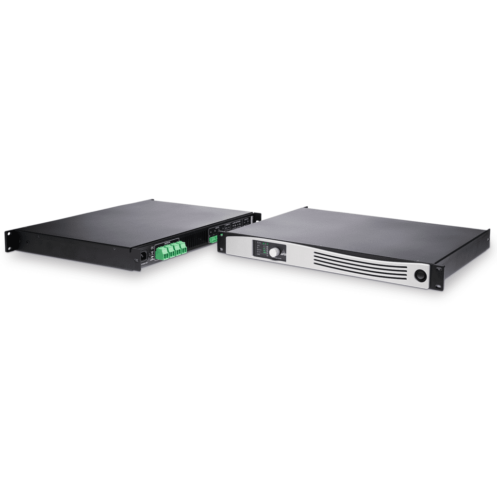 Two black rackmount audio amplifiers are shown; one displays the front with a control panel and vents, while the other reveals the back with various input and output connectors. Both have a slim, rectangular design.