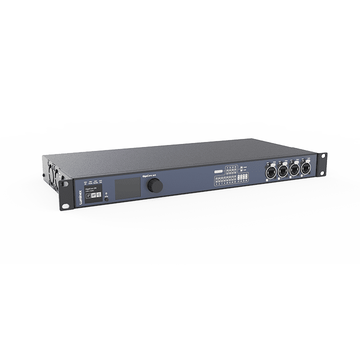 A 1U rack-mountable audio device with a display screen, control knob, button panel, and four large audio/video input/output ports on the front panel, set against a white background.