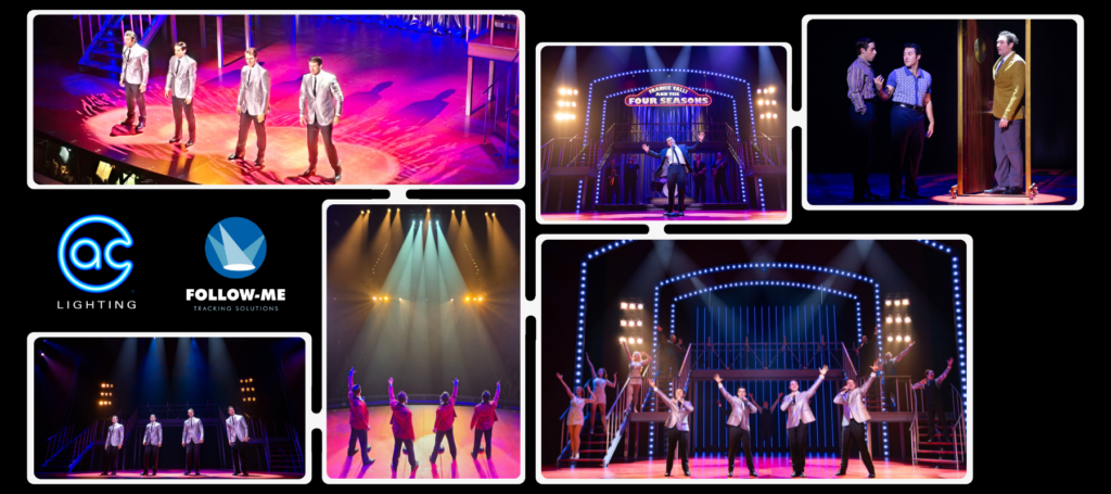 A collage of stage scenes from a musical, featuring groups of men singing and dancing under vibrant lighting, with logos for AC Lighting and Follow-Me Tracking Solutions in the bottom left corner, highlights the power of expert lighting and audio.