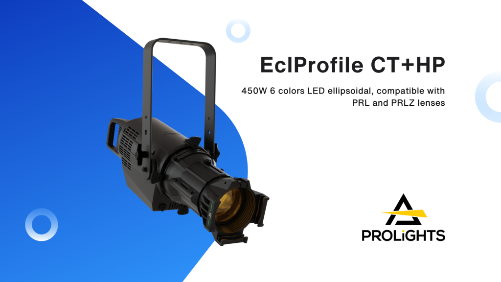 A black stage spotlight (EclProfile CT+HP) is shown on a white and blue background. Text describes it as a 450W, 6-color LED ellipsoidal, compatible with PRL and PRLZ lenses. The PROLIGHTS logo is in the lower right corner.