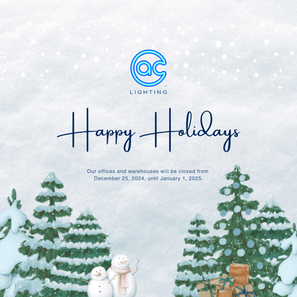 Holiday greeting card from AC Lighting with decorated trees, snowmen, wrapped gifts, and snow. Text says offices and warehouses are closed from December 25, 2024, until January 1, 2025. Wishing you a bright holiday season from your lighting and audio team!.
