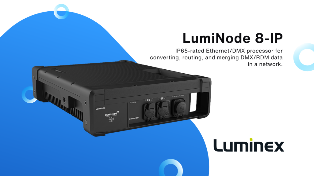 A Luminex LumiNode 8-IP device is displayed on a white and blue abstract background with text describing it as an IP65-rated Ethernet/DMX processor for network data conversion, routing, and merging. Luminex logo appears below.