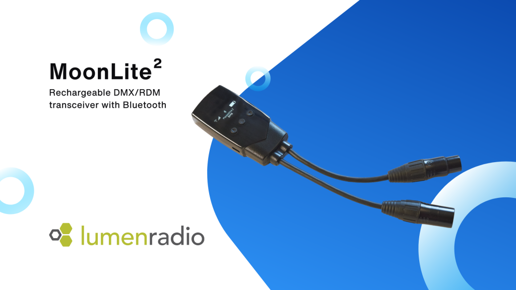 A rechargeable MoonLite² DMX/RDM transceiver with Bluetooth, featuring two cable connectors, is displayed on a blue and white background with the LumenRadio logo and branding.