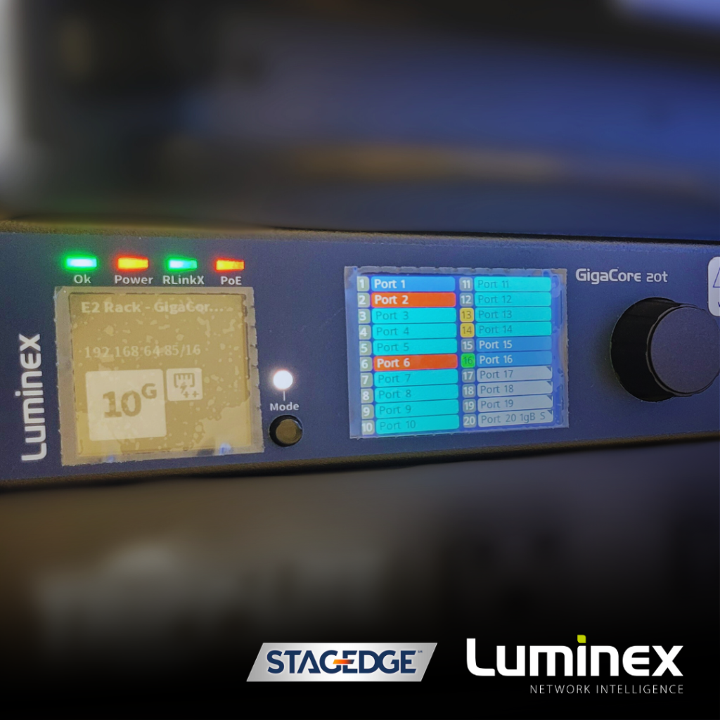 A close-up of a Luminex GigaCore 20t network switch, displaying port status and network information on its screen. The StageEdge and Luminex logos appear at the bottom.