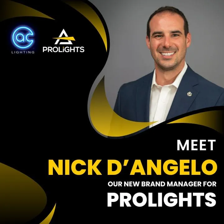 A man in a suit smiles at the camera. Text reads: Meet Nick D’Angelo, our new brand manager for Prolights audio and lighting. Logos for AC Lighting and Prolights are displayed on a black and gold background.