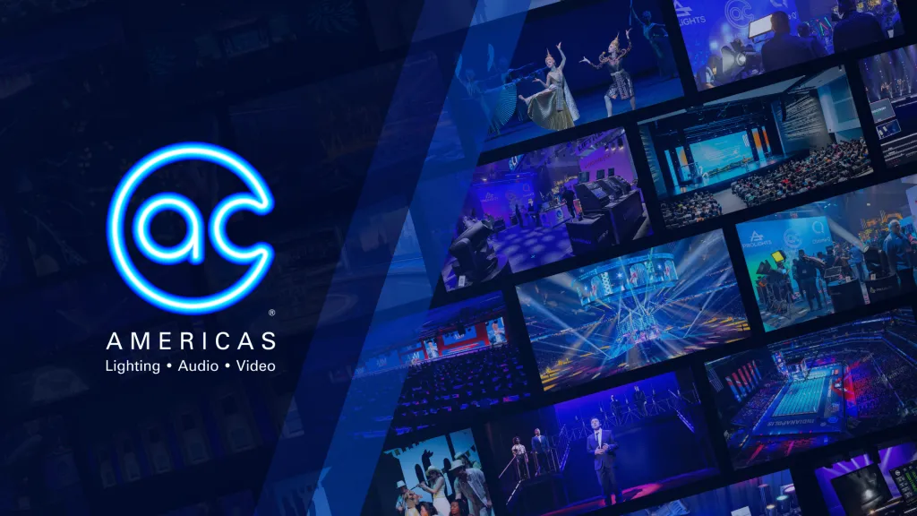 A blue neon “ac” logo with “Americas Lighting • Audio • Video” on the left, and multiple images of live events, concerts, and conferences with vibrant lighting and large audiences on the right.