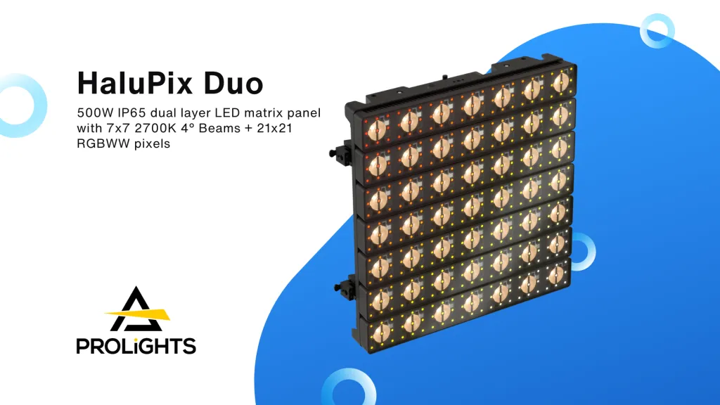 A rectangular LED matrix panel with yellow and white lights is shown at an angle. Text reads HaluPix Duo, 500W IP65 dual layer LED matrix panel with 7x7 2700K 4° Beams + 21x21 RGBWW pixels. PROLIGHTS logo is at the bottom left.