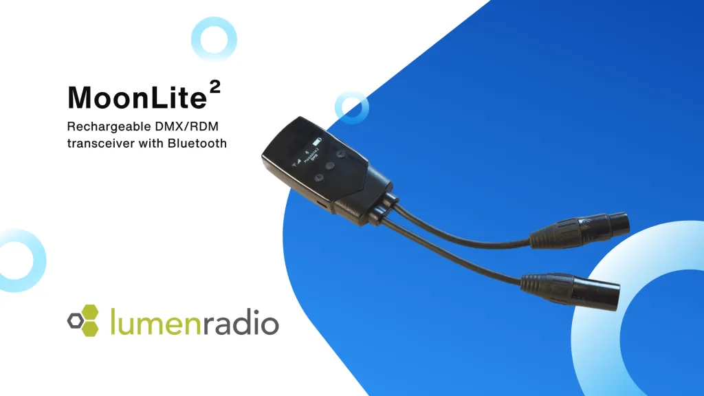 A rechargeable MoonLite² DMX/RDM transceiver with Bluetooth, featuring two cable connectors, is displayed on a blue and white background with the LumenRadio logo and branding.